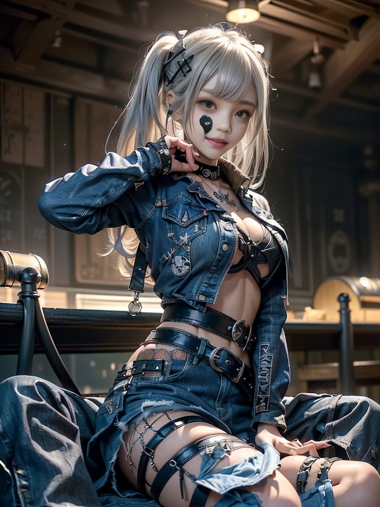 (Beautiful lips and nose:1.4)、(Long eyelashes:1.4)、(Smiling with teeth showing:1.3),(Shibuya Gal:1.5)、(Gothic ta delicately decorated dress:1.5)、(Tattered denim and black punk rock cargo pants:1.5)、(Denim and black navy skull mark small jacket:1.4)、(denim garter belt:1.5)、(Black and denim knee socks:1.3)、(Skull Silver Accessories:1.5)、(Denim collar:1.3)、(hair band:1.3)、(Brown Skin Belt:1.4)、(Brown boots:1.2)、(The underwear is striped:1.4)、31 years old、((Highest quality、In 8K、masterpiece:1.3))、Sharp focus:1.2、(Layered Cut、Huge boobs:1.1),Beautiful woman with perfect figure:1.4、(Dancing vigorously:1.3)、Slender Abs:1.2、Highly detailed face and skin texture、Detailed eyes、double eyelid,(Twin tails:1.3)、(Cream colored hair:1.3)、Gravure idol、(The background is a vast mountain with a clear view々Beautiful luxury resort destination in Europe:1.3)、(Slim Body:1.2),(Make your legs thinner:1.4),(clavicle:1.1)