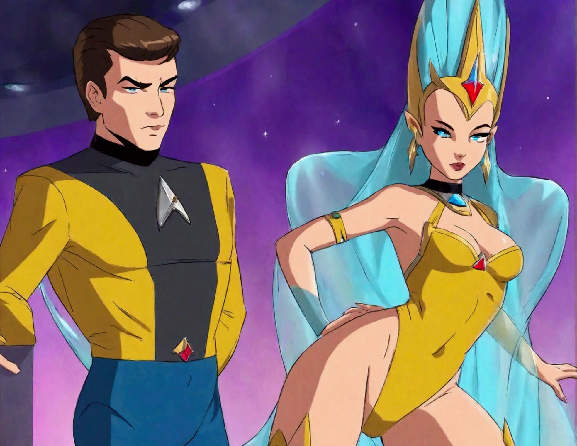 (safe for work, enough clothing to cover objectionable parts making it safe for work) An alien princess, dressed in flashy body jewelry and sheer colorful silks tells Captain Kirk she has never experienced this Love. Seductive poses, sultry stare (50's star trek) (show all of her head to tow, show her entire body, full body)