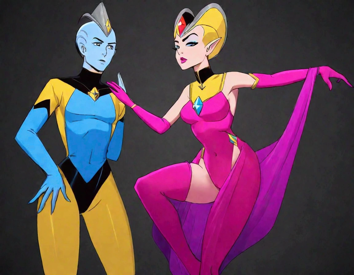 a female alien, human-looking but with metallic hair, wearing a sexy but SFW outfit, performing a seductive sultry dance for Captain Kirk, 1960s style Star Trek, high quality, highly detailed, cinematic lighting, dramatic pose, dynamic motion blur, vibrant colors, sci-fi, photorealistic
