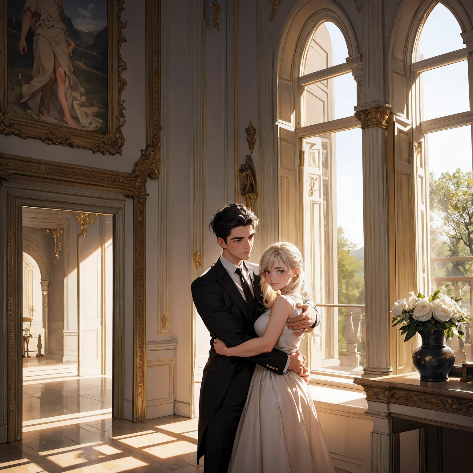 {{masterpiece, Highest quality, Highly detailed CG, unity 8k wallpaper, Cinema Lighting}}, whole body, ancient architecture, smile, Big eyes, Beautiful attention to detail, Long eyelashes,A heartwarming scene in a modern, elegant mansion in Pula, Croatia. A young father in his 30s, dressed in a business suit, has just returned home from work. He lovingly and warmly embraces his playful and innocent twin children, a boy and a girl, lifting them up in a tight hug. The children, full of joy and innocence, cling to him with bright smiles. The setting is bathed in the golden light of a clear summer evening. Sunlight streams through large windows, illuminating the spacious living room and the view of a beautifully landscaped garden and the sparkling Adriatic Sea beyond. The father, secretly imagined as Constantine I, conveys deep love and forgiveness to his children, who are subtly represented as Crispus and Fausta. There is a profound sense of reconciliation, healing, and renewed bonds, symbolized by subtle hints of ancient Roman elements in the home's decor. The scene exudes warmth, peace, and a sense of restored relationships.