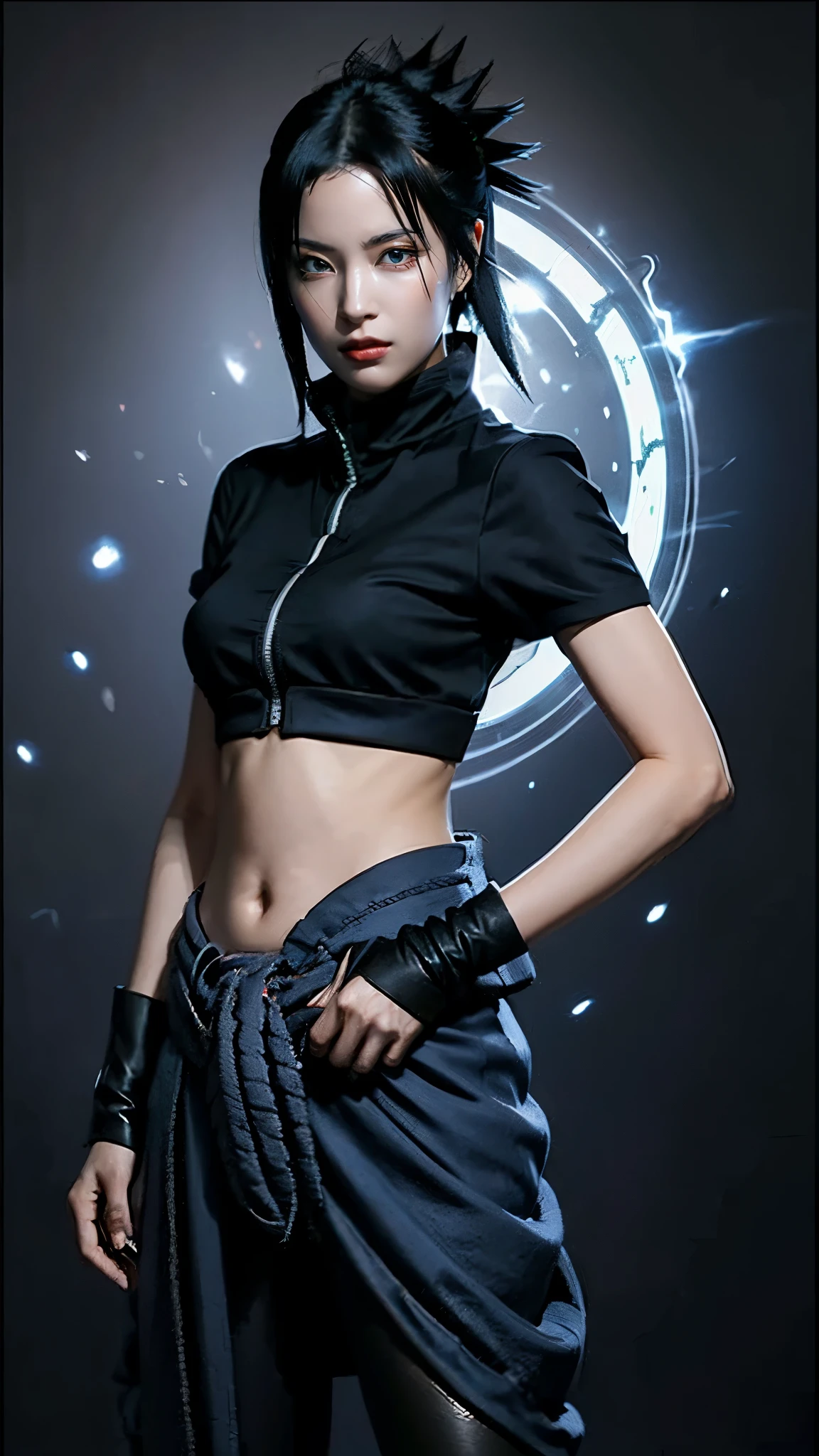 Moisturized skin, (red eyes), realistic body, (adult female body), energetic, (), (girl), crop top,
BREAK,
bright red lipstick, (beautiful navel), (black hair), beautiful hair, (Uchiha Sasuke's clothes), (leather), mini skirt,
BREAK,
((masterpiece + highest quality + high resolution + highly detailed)), (full body: 1.2), symmetrical, one shot,
BREAK,
(electric shock), (wind blows), (blue electricity), (battle stance: 1.4),
BREAK,
assassination, kunai, fantastical, dynamic,