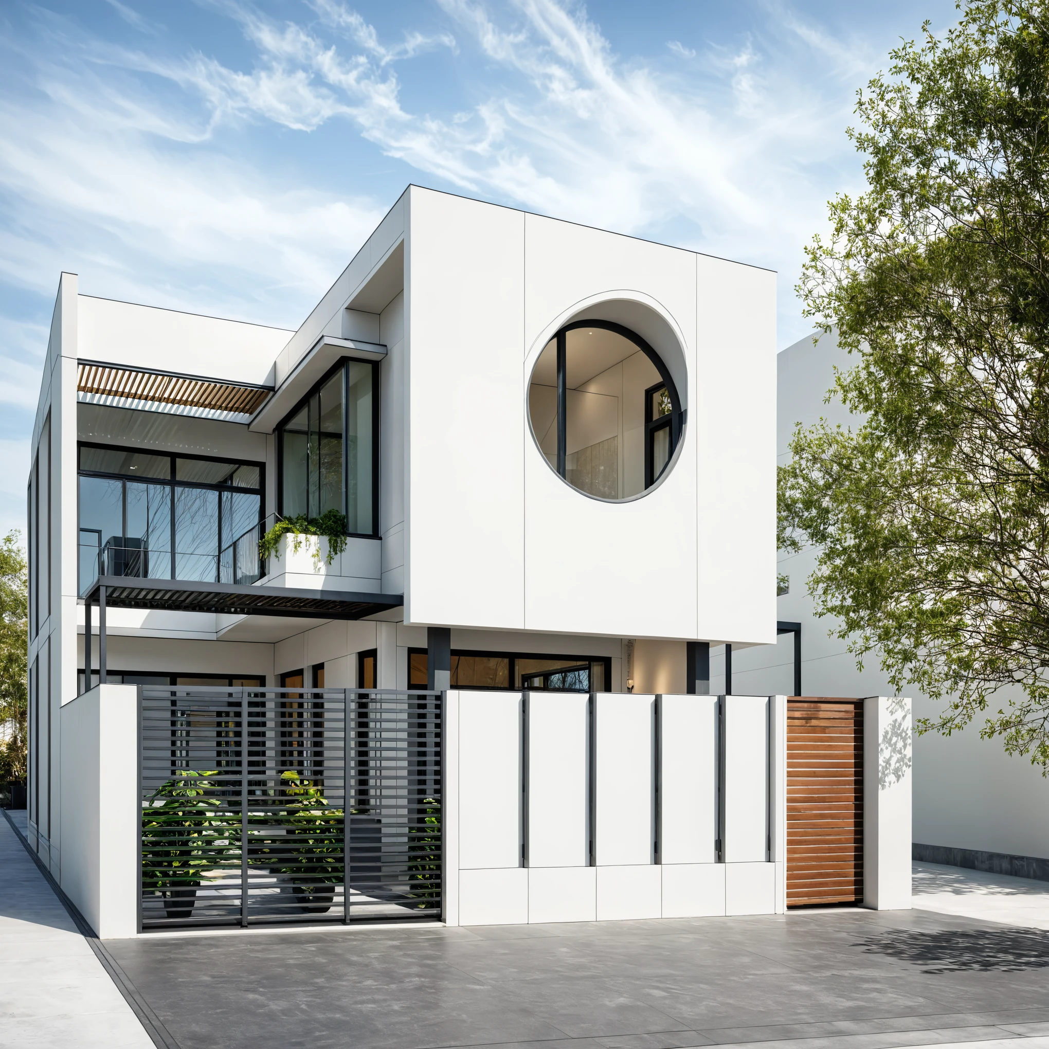 (RAW photo, masterpiece, best quality, ultra-detailed, extremely delicate and beautiful, high resolution, best shadow:1.1),modern house, streetscape, (overcast:1.2), cold color, tree and plant around, moody vibe, white wall and wooden ceiling, steel gate, circle window, 