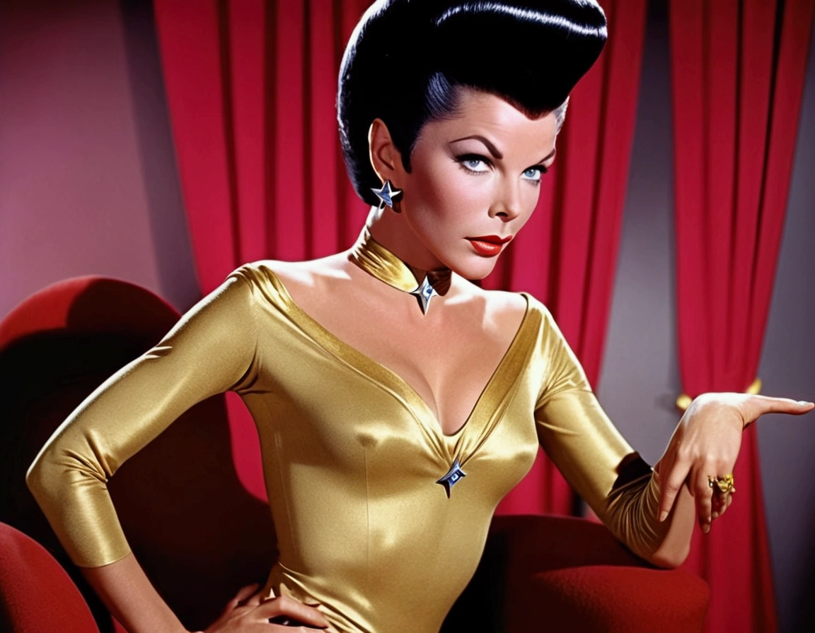 (safe for work, enough clothing to cover objectionable parts making it safe for work) An alien princess, dressed in flashy body jewelry and sheer colorful silks tells Captain Kirk she has never experienced this Love. Seductive poses, sultry stare (50's star trek) (show all of her head to tow, show her entire body, full body)
