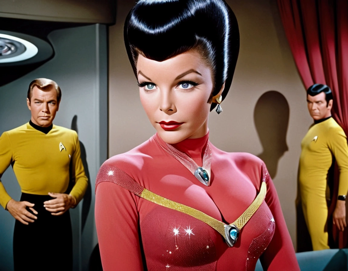 (safe for work, enough clothing to cover objectionable parts making it safe for work) An alien princess, dressed in flashy body jewelry and sheer colorful silks tells Captain Kirk she has never experienced this Love. Seductive poses, sultry stare (50's star trek) (show all of her head to tow, show her entire body, full body)
