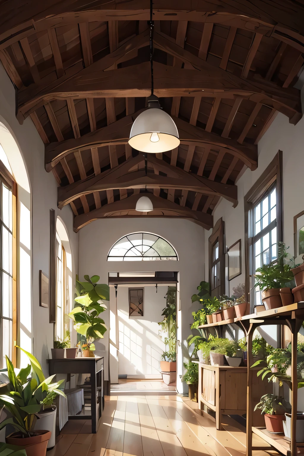 A room filled with plants、An illustration、More plants、Warm atmosphere、Plants growing from floor and ceiling rooms
