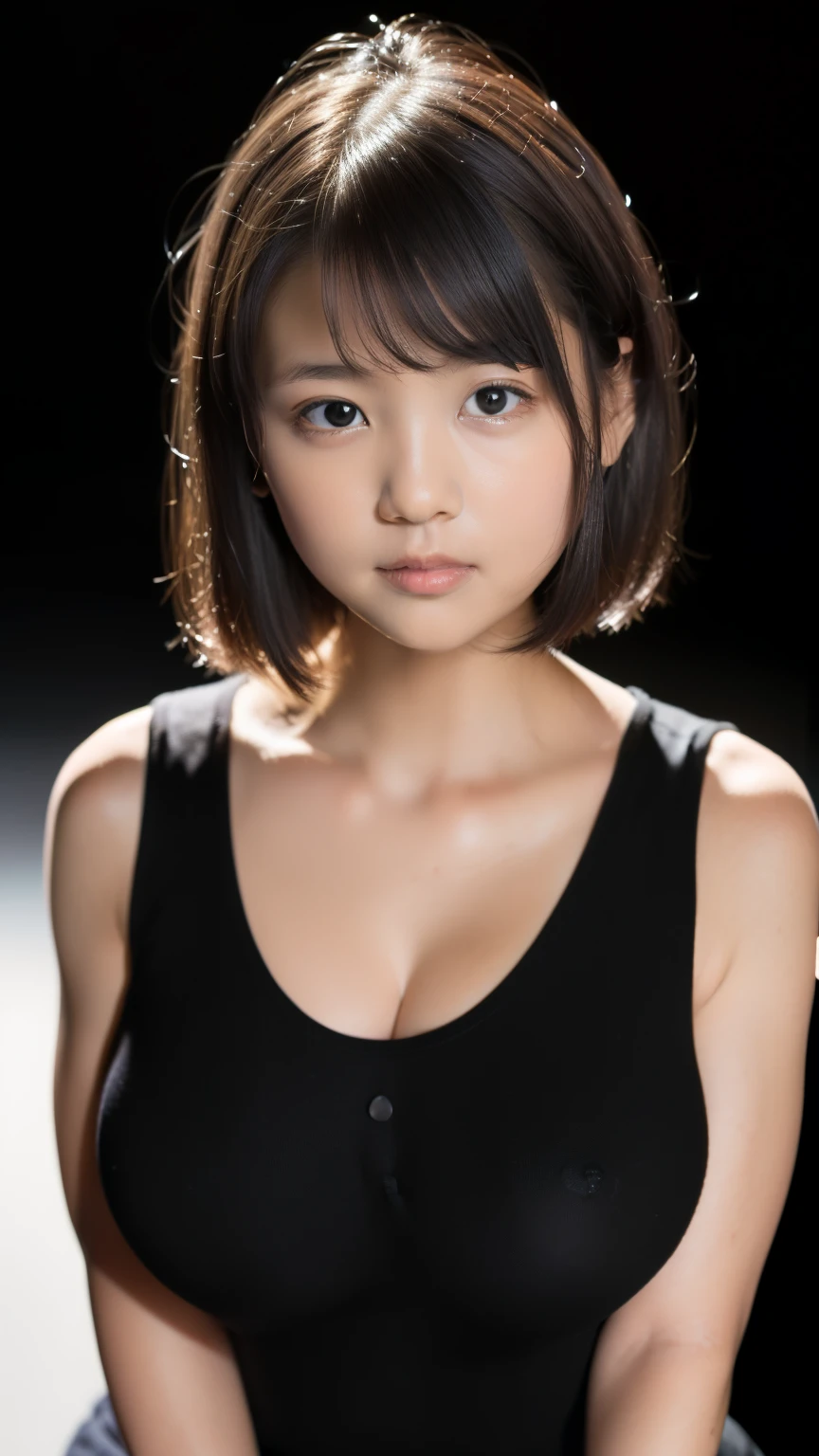 (A photo of your face:1.25), , (cute:1.5), (Baby Face:1.5), (Round face:1.8), One Japanese woman, beautiful girl, Pretty face, (Straight Short Hair)、(Big Breasts:1.5), (View your audience), (Standing facing the camera), (smile), (Tank top)、(Black background:1.8)、Mouth closed
