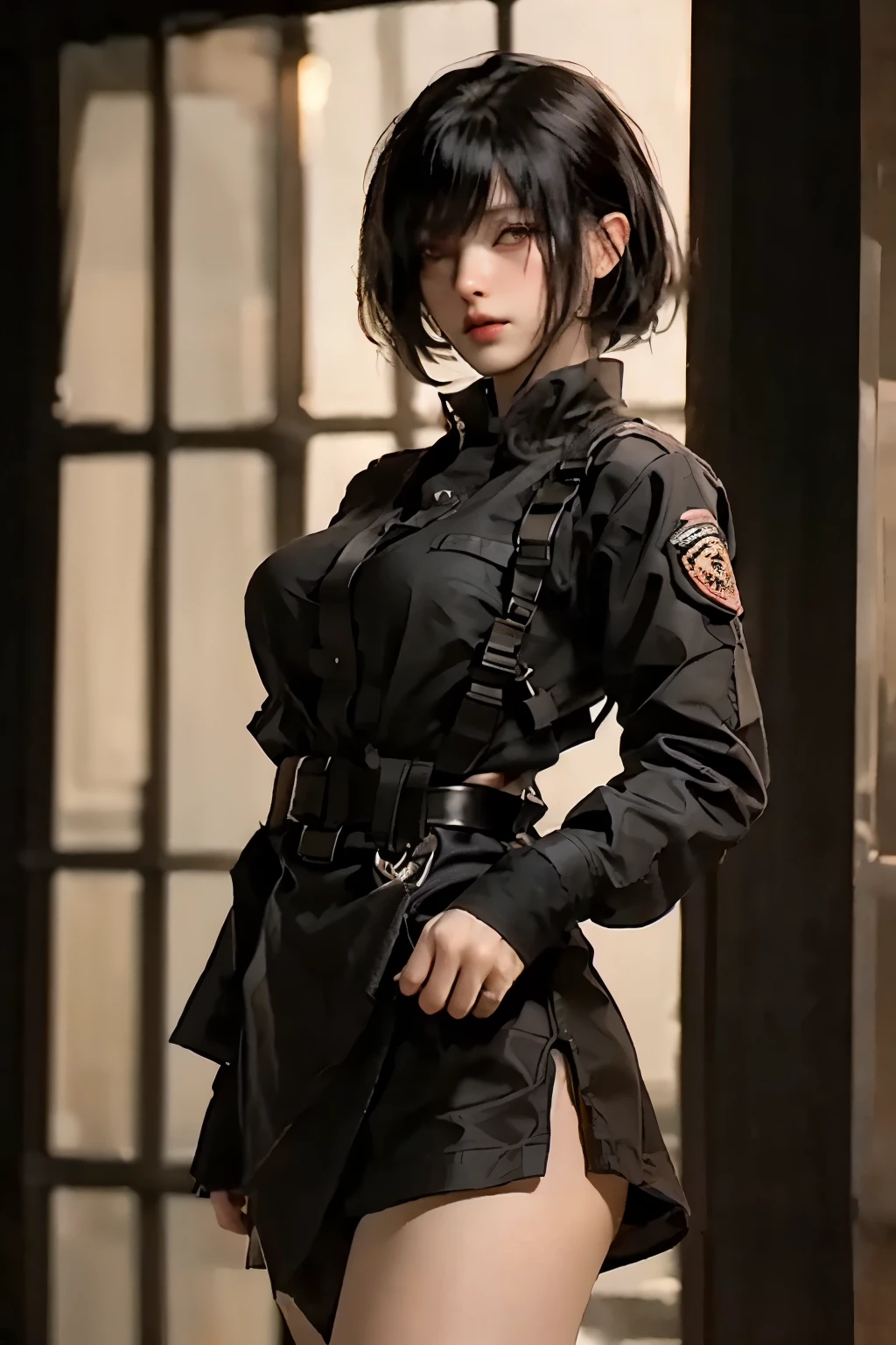 ((best quality)), ((Masterpiece)), (details), 1 girl, SWAT uniform, Curtain bangs, black hair, short skirt, big breasts, city background, night, เหมือนจริง, 8k, natural lighting, soft lighting, sunlight, HDR (High Dynamic Range), Maximum Clarity And Sharpness, Multi-Layered Textures