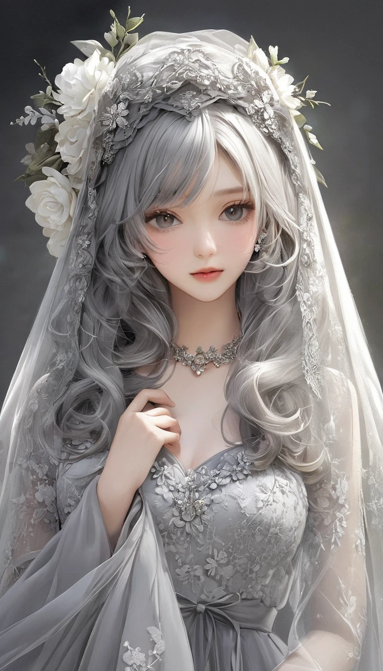 Veil on head, Grey Veil, Gray Hair, Grey White, Gubes&#39;s art style, Arrogant and indifferent girl, Half-squinted, White eyes玉, White eyes, National style, Off-white
