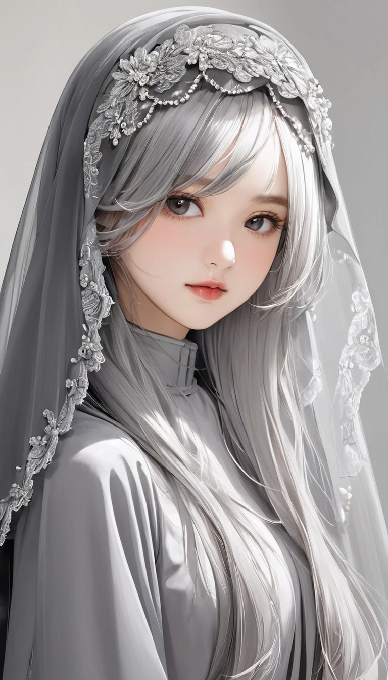 Veil on head, Grey Veil, Gray Hair, Grey White, Gubes's art style, Arrogant and indifferent girl, Half-squinted, White eyes玉, White eyes, National style, Off-white