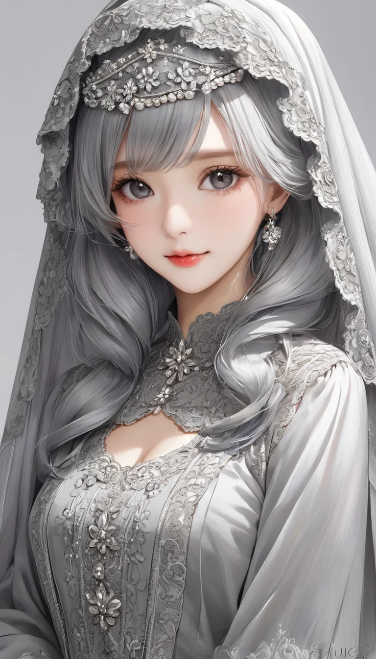 Veil on head, Grey Veil, Gray Hair, Grey White, Gubes&#39;s art style, Arrogant and indifferent girl, Half-squinted, White eyes玉, White eyes, National style, Off-white