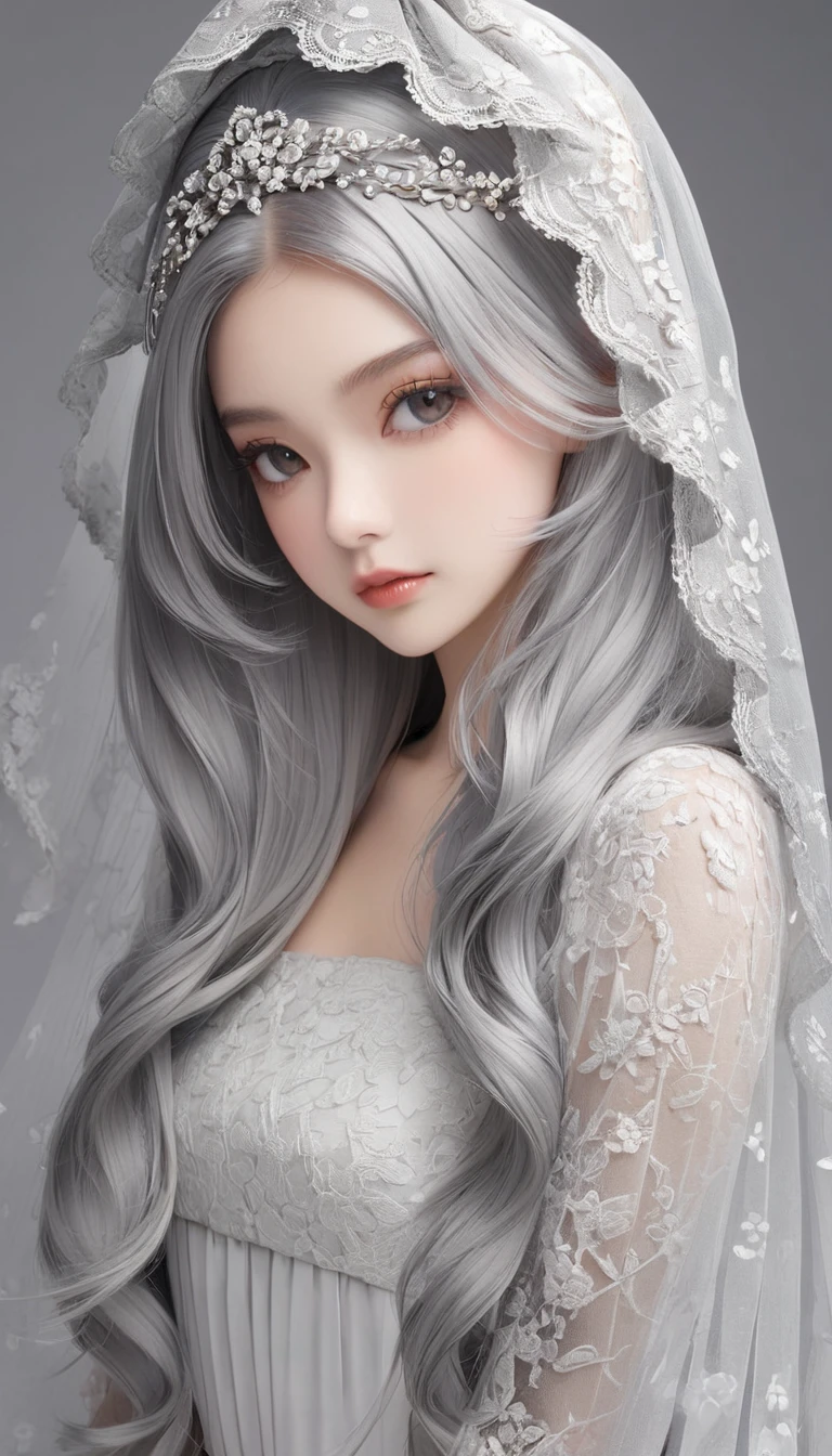 Veil on head, Grey Veil, Gray Hair, Grey White, Gubes's art style, Arrogant and indifferent girl, Half-squinted, White eyes玉, White eyes, National style, Off-white