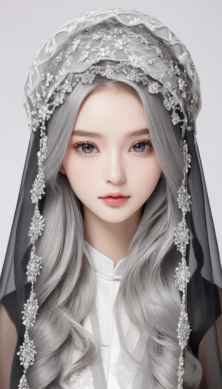 Veil on head, Grey Veil, Gray Hair, Grey White, Gubes's art style, Arrogant and indifferent girl, Half-squinted, White eyes玉, White eyes, National style, Off-white