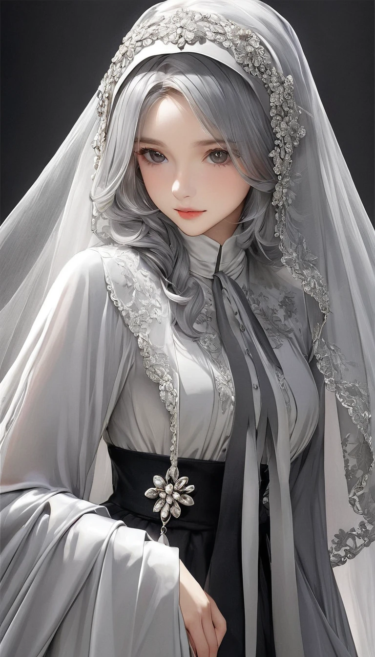 Veil on head, Grey Veil, Gray Hair, Grey White, Gubes&#39;s art style, Arrogant and indifferent girl, Half-squinted, White eyes玉, White eyes, National style, Off-white