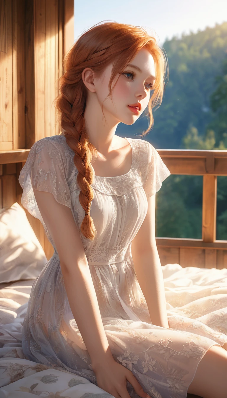 Young Scandinavian woman, Cute Face, Fascinating, Highest quality, masterpiece, Translucent summer dress, Golden Hour, Detailed Texture, Long braided hair, Sitting on the bed, Pause, カジュアルなPause, Wooden cottage, interior, [blush], beautiful, Complex, Caustics, light, sunlight, (((Soft lips))), (((Glossy Lips))), Very detailed, (Semi-realistic:1.2), Niroudef, Redhead