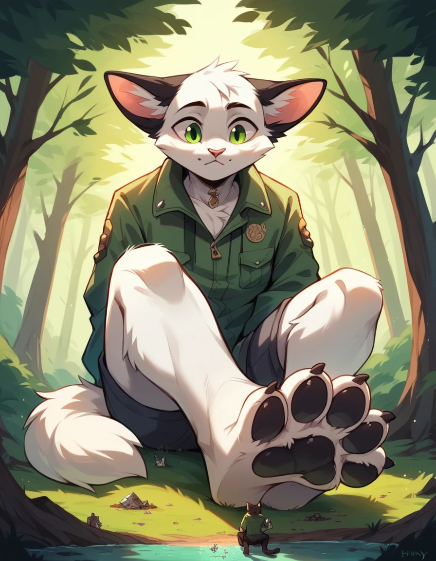 anthro, cat, white fur, green eyes, green jacket, big black ears, Macro, alone, good lighting, sitting in the forest, friendly, lanky, Black pawpads, Focus on feet