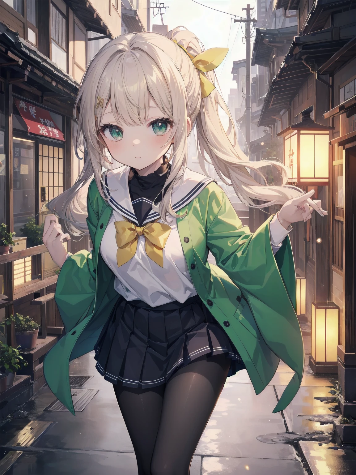 Masterpiece, illustration, super detailed, kawaii, one girl, 独奏, slender , Japanese girl, chou chou, ribbon, nape of neck, low ponytail, cute pose in Less revealing attire, (green sailor outfit, two gold lines), large gold ribbon, priss skirt, black pantyhose, g Sleeves, White innerwear for sailor suit, living room, cowgirl shot, sfw, dynamic angle、Close-up on the characters、(building, city、A dense fog of fluorescent particles、1800Era、Japanese Style、Fiction、grow、Overwhelming、Detailed street)、A beautiful girl with a beautiful background and a super cute pose