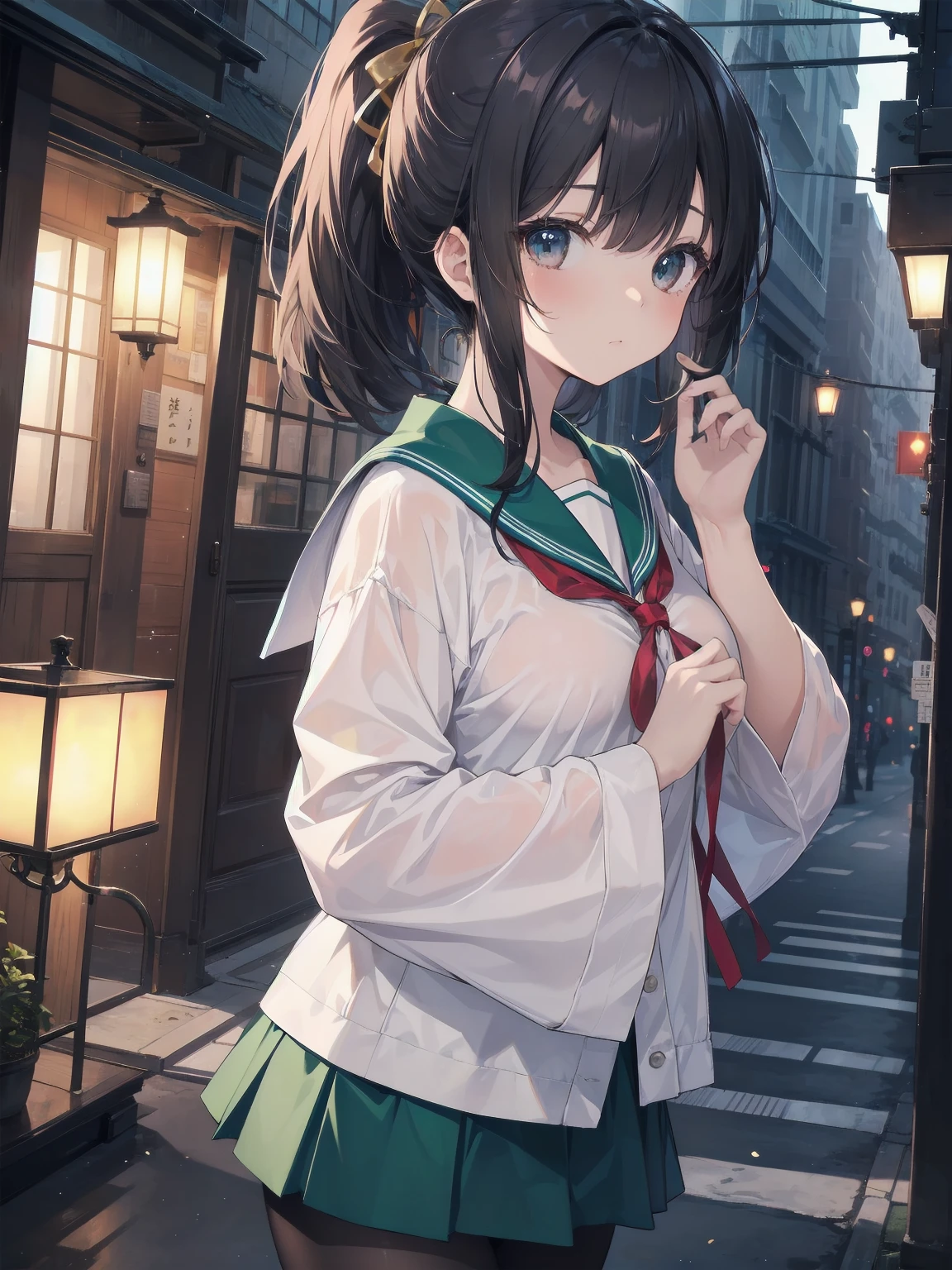 Masterpiece, illustration, super detailed, kawaii, one girl, 独奏, slender 14 year old, Japanese girl, chou chou, ribbon, nape of neck, low ponytail, cute pose in Less revealing attire, (green sailor outfit, two gold lines), large gold ribbon, priss skirt, black pantyhose, , Long Sleeves, White innerwear for sailor suit, living room, cowgirl shot, sfw, dynamic angle、Close-up on the characters、(building, city、A dense fog of fluorescent particles、１８００Era、Japanese Style、Fiction、grow、Overwhelming、Detailed street）、A beautiful girl with a beautiful background and a super cute pose
