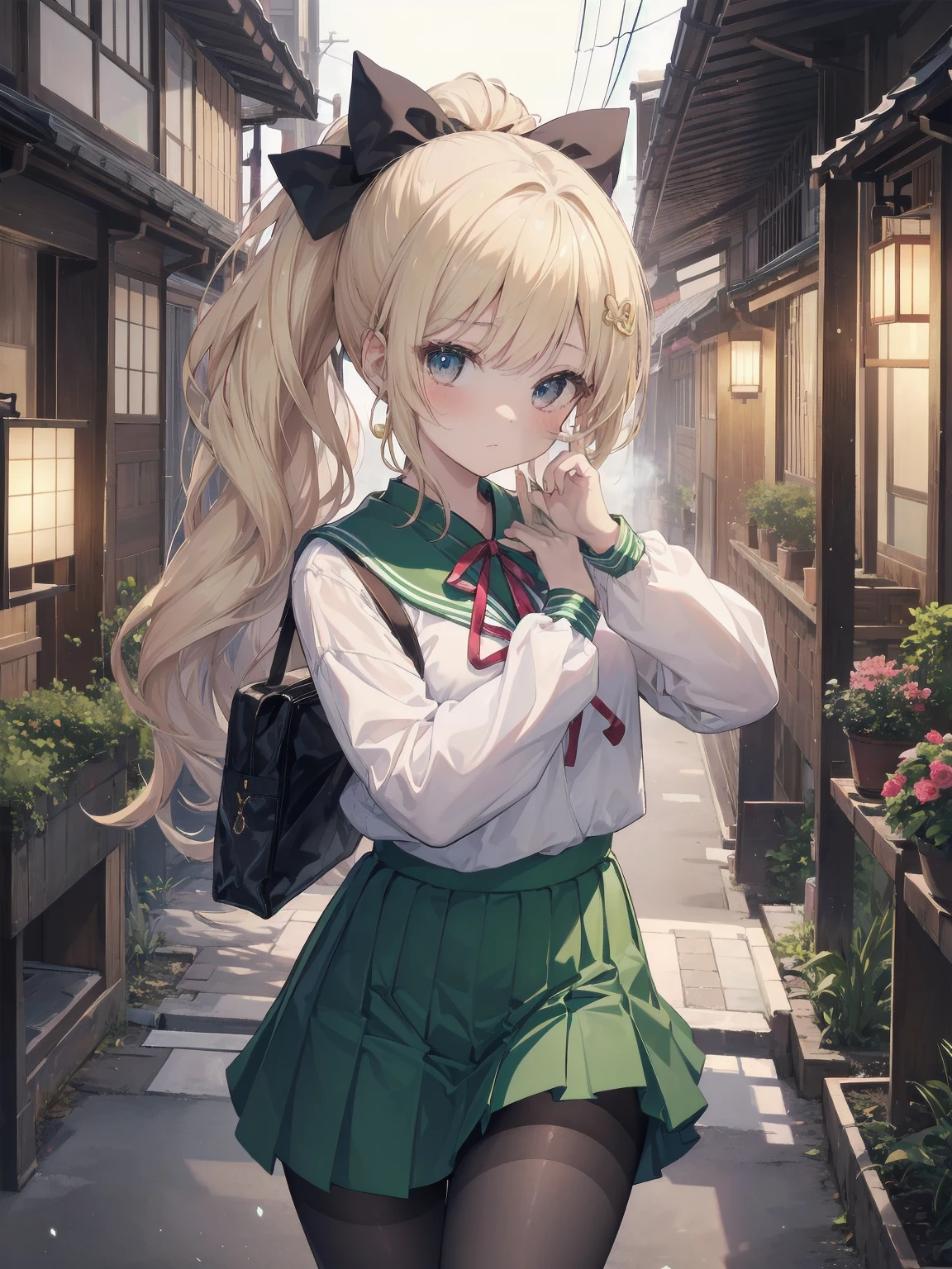 Masterpiece, illustration, super detailed, kawaii, one girl, 独奏, slender 14 year old, Japanese girl, chou chou, ribbon, nape of neck, low ponytail, cute pose in Less revealing attire, (green sailor outfit, two gold lines), large gold ribbon, priss skirt, black pantyhose, , Long Sleeves, White innerwear for sailor suit, living room, cowgirl shot, sfw, dynamic angle、Close-up on the characters、(building, city、A dense fog of fluorescent particles、1800Era、Japanese Style、Fiction、grow、Overwhelming、Detailed street)、A beautiful girl with a beautiful background and a super cute pose