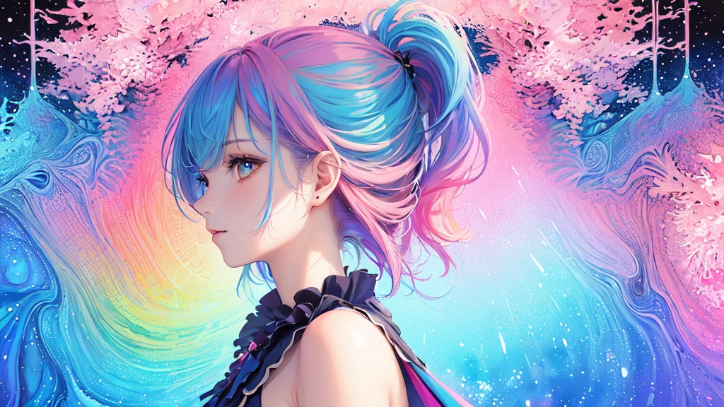 (masterpiece, top quality, best quality,watercolor (medium),official art, beautiful and aesthetic:1.2),(1girl:1.3), (fractal art:1.3),upper body, from side, looking at viewer,patterns,(rainbow color Hair,colorful hair,half blue and half pink hair:1.2),water,liquid, cloud,colorful, starry,stars, shining