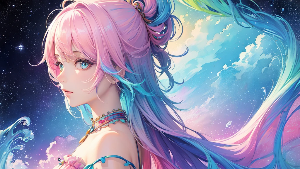 (masterpiece, top quality, best quality,watercolor (medium),official art, beautiful and aesthetic:1.2),(1girl:1.3), (fractal art:1.3),upper body, from side, looking at viewer,patterns,(rainbow color Hair,colorful hair,half blue and half pink hair:1.2),water,liquid, cloud,colorful, starry,stars, shining