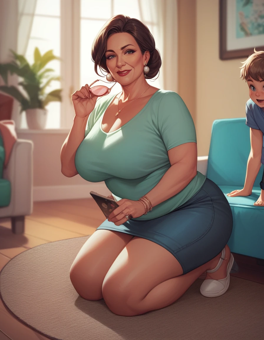 score_9, score_8_up, score_7_up, 1boy, 1girl, curvy, aged, casual outfit, old mature female, flashing her , milf and kid, kid, hand on , kneeling, in a livingroom, milf seduce kid, showing her bra