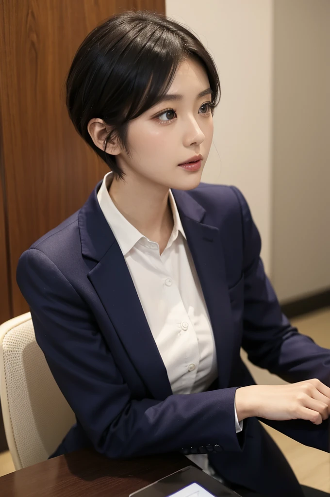 Top quality, A Japanese Woman in suit in meetingroom with pc, short hair,
facing left,