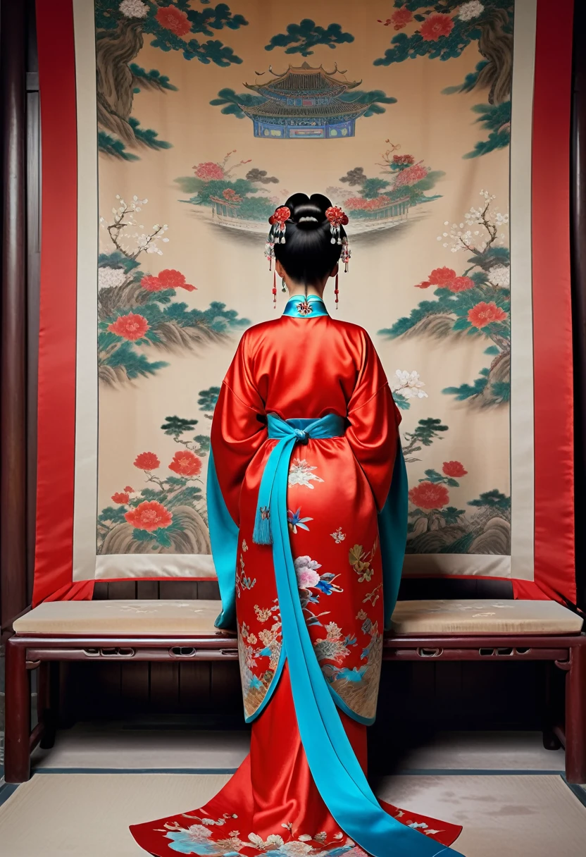 A photo from the back of a room in the Qing Dynasty Palace、Empress of the Qing Dynasty、She is wearing a bright red Manchu costume with floral patterns., Her hair is big, Fancy flowers and hairpins. In this diagram、The loincloth is hanging down、Big butt exposed。.