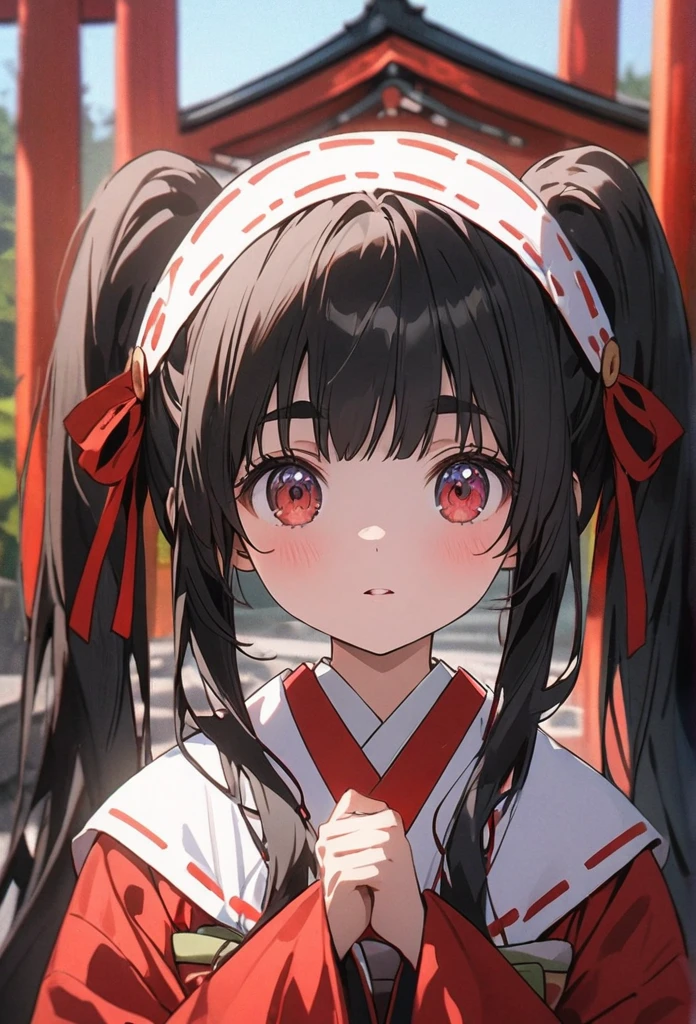 Japan s、One person、5 years oldiden costume)、4 heads、Shrine maiden、Digital Portrait,Black Hair、 Long hair in twin tails、Thick eyebrows, Incredible color grading, kimono,Japanese clothing,Jacket White Japanese clothing,Japanese kimono hakama、Red Hakama、 Cinematography, art、shrine、恥ずかしがる