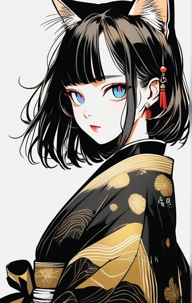(Highest quality, sketch:1.2),Realistic,An illustrationレーター,anime,1 girl, Detailed lips, kimono,custom, Black and gold gradient background,Neon Hair,Texture Clipping, masterpiece, style: Retro Classic, Black style 、An illustration、art、70s horror movie posters, Supervised by Junji Ito、Attention to detail, Realistic Shadows、Analog style, chromatic aberration, Surrealism、Complementary Gradient、1 girl, 18-year-old, (Flat Chest: 1.5), Highest quality,High resolution,1People Girl,whole body,fine,smile,looking at the camera,short hair,Crimson hair,Blue eyes,Sailor suit,beautiful girl,Cat ears on the head,Cat tail on waist,smile,be happy,Landscape,walk,