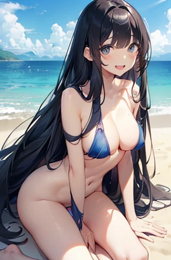 ((4K、8k、Highest quality、Perfect Fingers: 1.Perfect Anatomy: 1.3、Background Blur))、((10 years old、、 、cute big droopy eyes、Straight Long Hair、beautiful slim girl、Best open mouth smile))、naked、Blue sky and white sand beach、Full body angle、Long black hair、Large Breasts