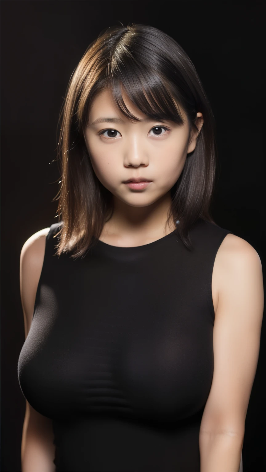 (A photo of your face:1.25), , (cute:1.5), (Baby Face:1.5), (Round face:1.8), One Japanese woman, beautiful girl, Pretty face, (Straight Short Hair)、(Big Breasts:1.5), (View your audience), (Standing facing the camera), (smile), (Tank top)、(Black background:1.8)、Mouth closed