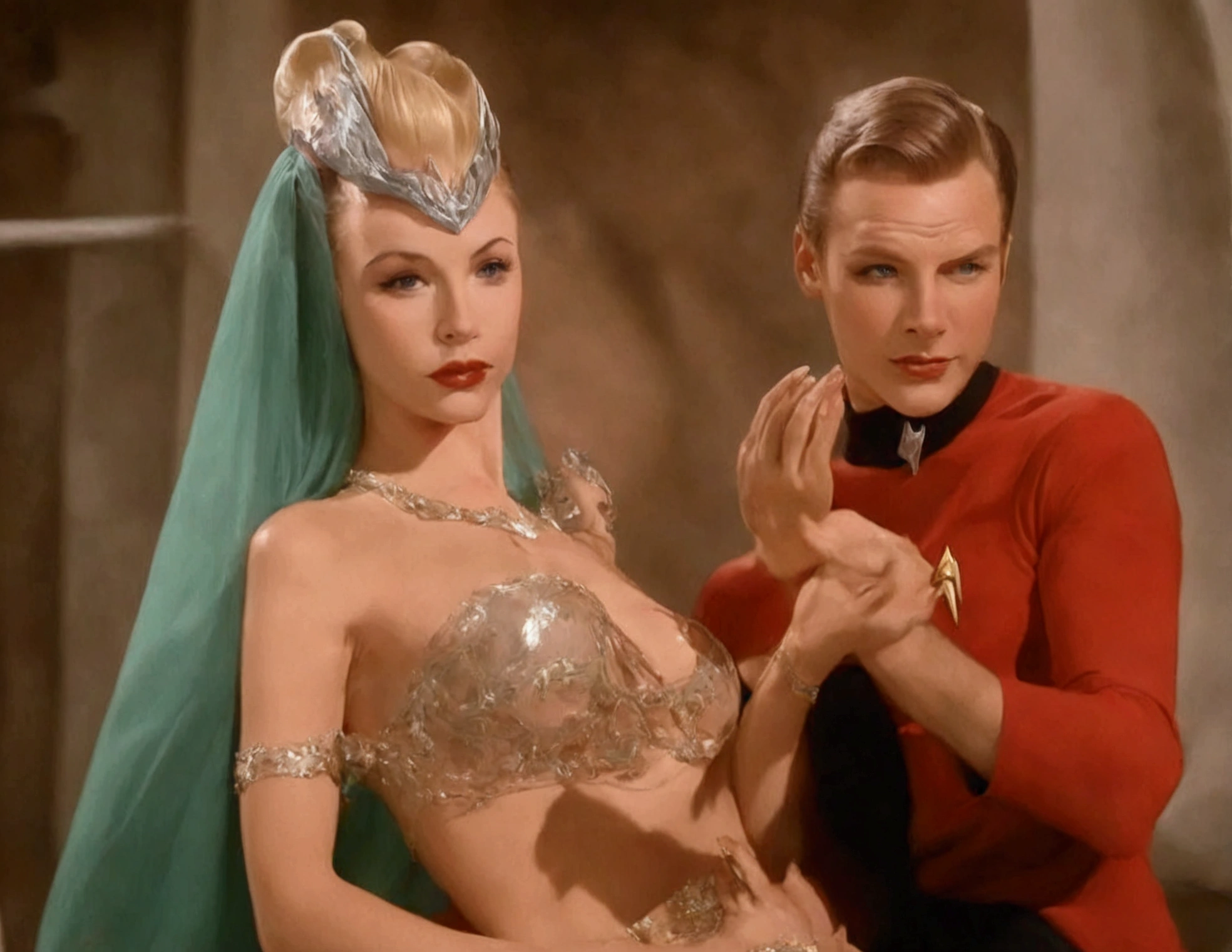 (safe for work, enough clothing to cover objectionable parts making it safe for work) An alien princess, dressed in flashy body jewelry and sheer colorful silks tells Captain Kirk she has never experienced this Love. Seductive poses, sultry stare (50's star trek) (show all of her head to tow, show her entire body, full body)