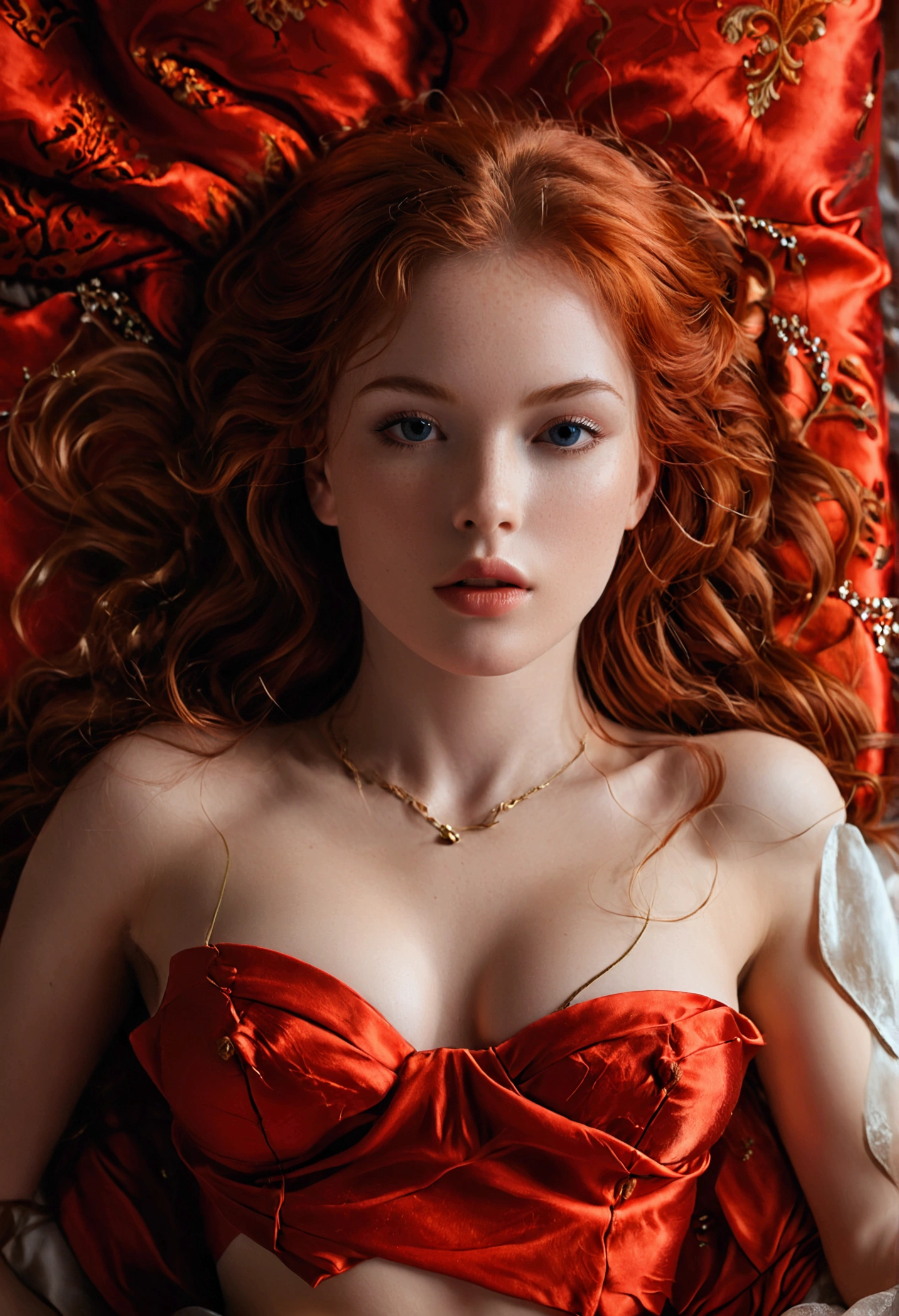 ultra realistic, photography, long red hair, girl, 24 years old, hourglass figure, perfect body, Flirty look, small breasts, laying in bed, naked, on red silk sheets, gesture to come closer