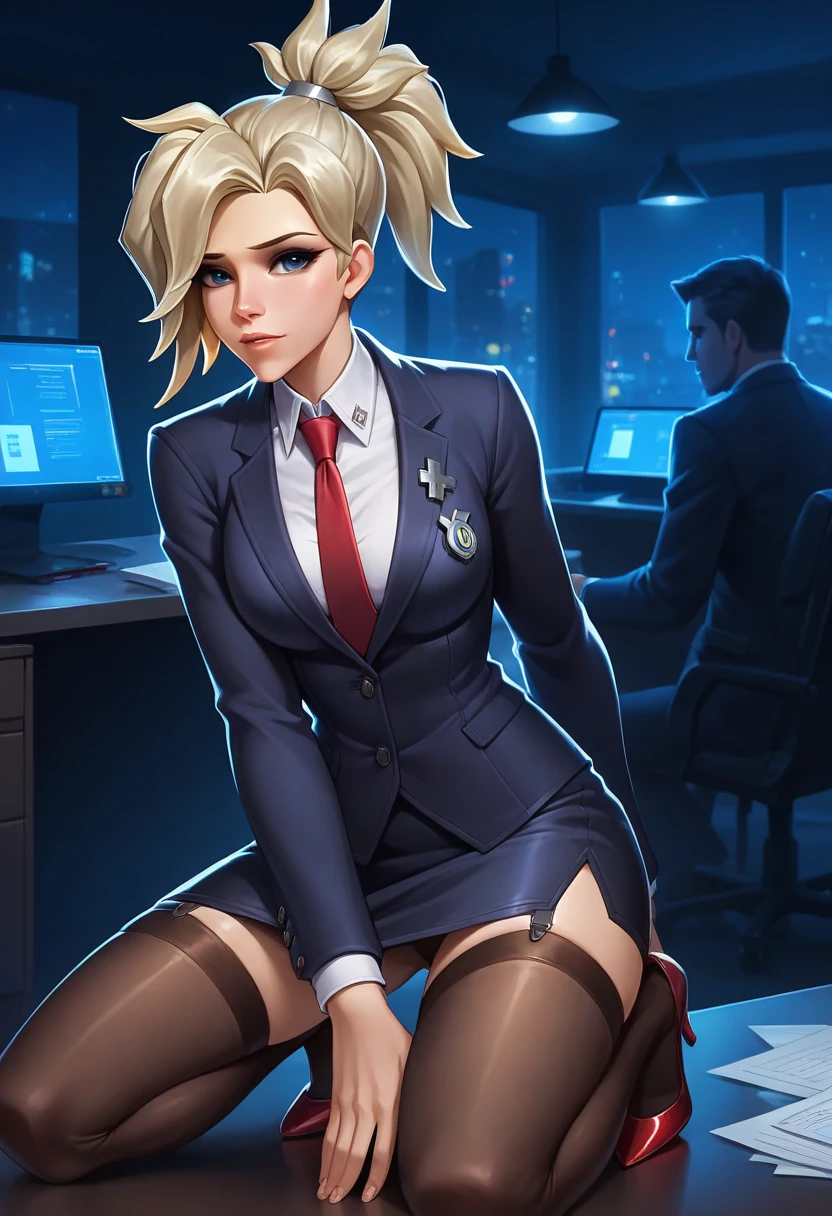 score_9, score_8_up, score_7_up,score_6_up, score_5_up, 1girl, Mercy (Overwatch), solo, pretty face, blonde hair, ponytail, light blush, light makeup, medium perky breasts, seductive eyes, skirt suit, (((three-piece suit))), (((dress shirt))), (((necktie))), (((blazer))), (((suit jacket))), (((waistcoat))), double-breasted waistcoat, (((bodycon pencil skirt))), (((stockings))), high heels, pocket square, cufflinks, tie clip, tight clothing, formal clothing, bedroom eyes, seductive, heavy blush, squatting, blowjob, oral sex, fellatio, penis in mouth, deepthroat, facefuck, bukkake, blowbang, gangbang detailed background, night, moonlight, inside, office, volumetric lighting, vivid colours, full body shot, sexy, 