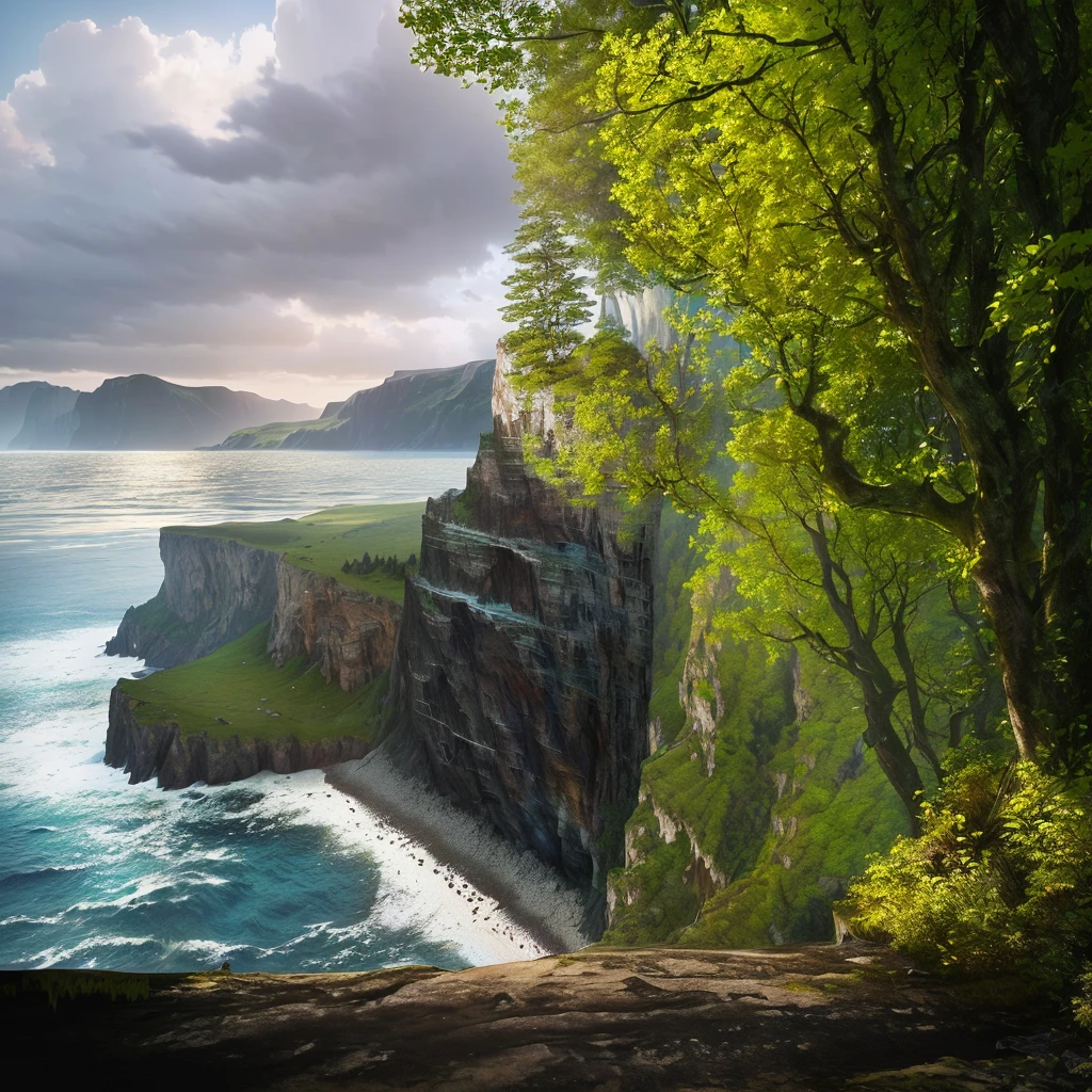 there is a picture of a cliff that is on the water, epic matte painting of an island, mattepainting, detailed trees and cliffs, photorealistic landscape, symmetric matte painting, trees and cliffs, realistic matte painting, cliff side, matte painting with high detail, 3 d render and matte painting, matte painting scenery, optimistic matte painting, photorealistic matte painting
