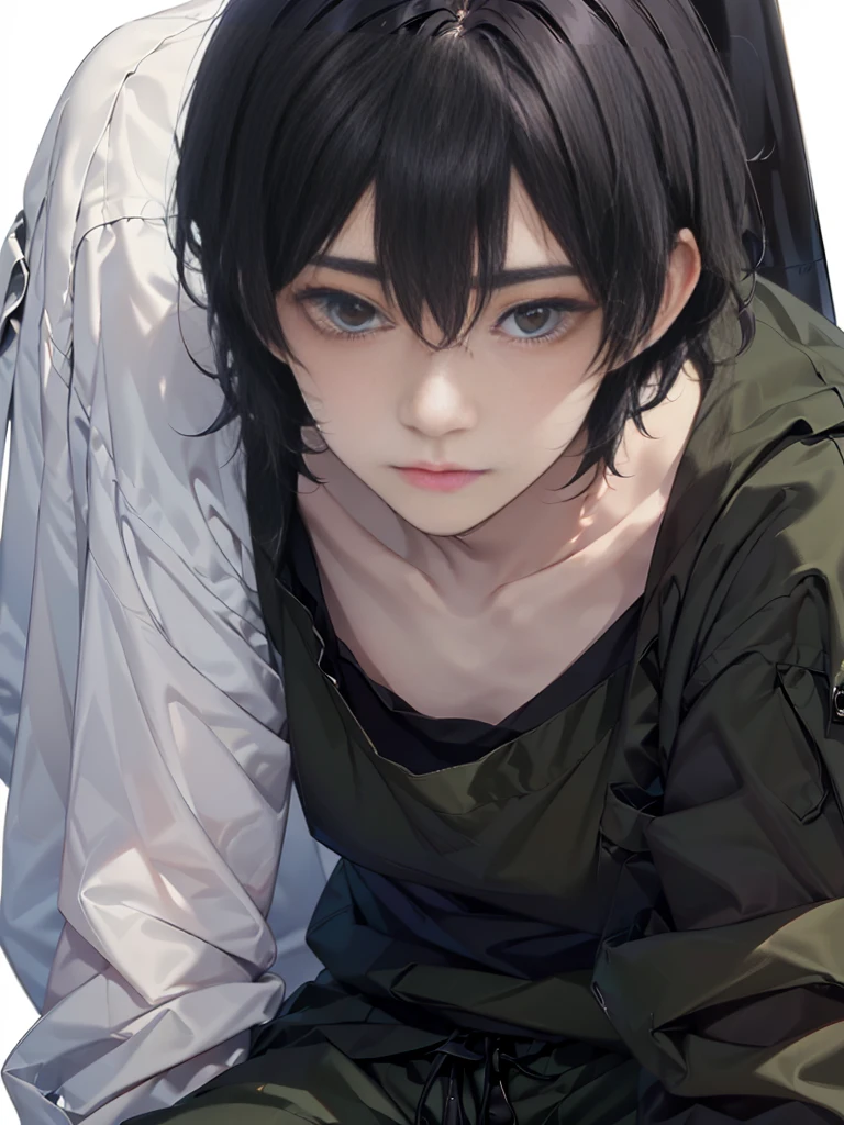 Masterpiece, best quality,独奏, one Japanese boy, 18 years old,(tall and thin,sleepy droopy eyes, long face, (thin cheeks:1.2),(black shaggy short hair,blank expression:1.5),(Black long T-shirt,Long sleeve,Olive cargo pants:1.5),(Plain background:1.3),(Close-up of serious expression:1.6)
