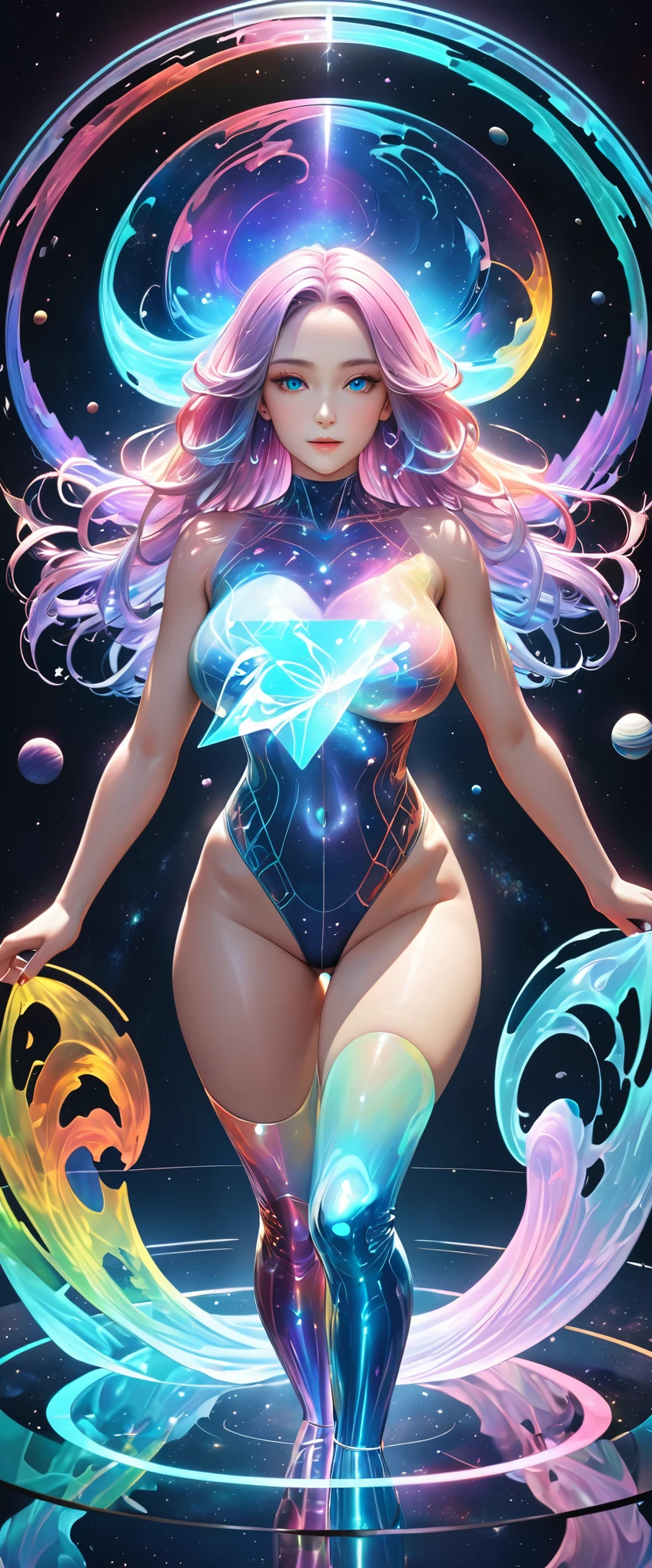 (masterpiece:1.2, Highest quality,Highest quality),(Very detailed:1.3),8k,wallpaper,(fantasy digital art:1.2),Physically Based Rendering,Ultra-fine painting,Narrow your focus,break(Middle-aged women),She is an astral woman who travels through space.,(((Her body is a transparent hologram in seven colors:1.6))),(Beautiful Face),(Beautiful Eyes),(perfectioneyes:1.6),(Glowing Skin:1.2),(Random Hairstyles),(Random hair color),break(Ultra High Leg Space Bodysuit:1.6),(Space Long Boots:1.6)(Satanic attraction),(Big Breasts),(Sexy thighs:1.3),(Sensual),(functional),((front:1.6)),(((whole body:1.6))),(look at me),break(((hand,detailed,perfection,perfectionion,hand,Holographic))),(Detailed hand:1.6),(Beautiful female hand:1.6),(Portrait of the Goddess,Cosmic aura,universe space,Iridescent particles,Diffuse reflection of light),(彼女はゆったり両腕を広げてuniverse spaceに浮いている:1.6)
