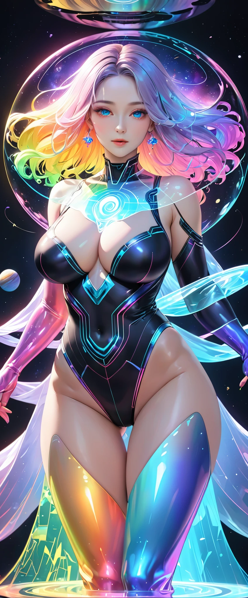 (masterpiece:1.2, Highest quality,Highest quality),(Very detailed:1.3),8k,wallpaper,(fantasy digital art:1.2),Physically Based Rendering,Ultra-fine painting,Narrow your focus,break(Middle-aged women),She is an astral woman who travels through space.,(((Her body is a transparent hologram in seven colors:1.6))),(Beautiful Face),(Beautiful Eyes),(perfectioneyes:1.6),(Glowing Skin:1.2),(Random Hairstyles),(Random hair color),break(Ultra High Leg Space Bodysuit:1.6),(Space Long Boots:1.6)(Satanic attraction),(Big Breasts),(Sexy thighs:1.3),(Sensual),(functional),((front:1.6)),(((whole body:1.6))),(look at me),break(((hand,detailed,perfection,perfectionion,hand,Holographic))),(Detailed hand:1.6),(Beautiful female hand:1.6),(Portrait of the Goddess,Cosmic aura,universe space,Iridescent particles,Diffuse reflection of light),(彼女はゆったり両腕を広げてuniverse spaceに浮いている:1.6)
