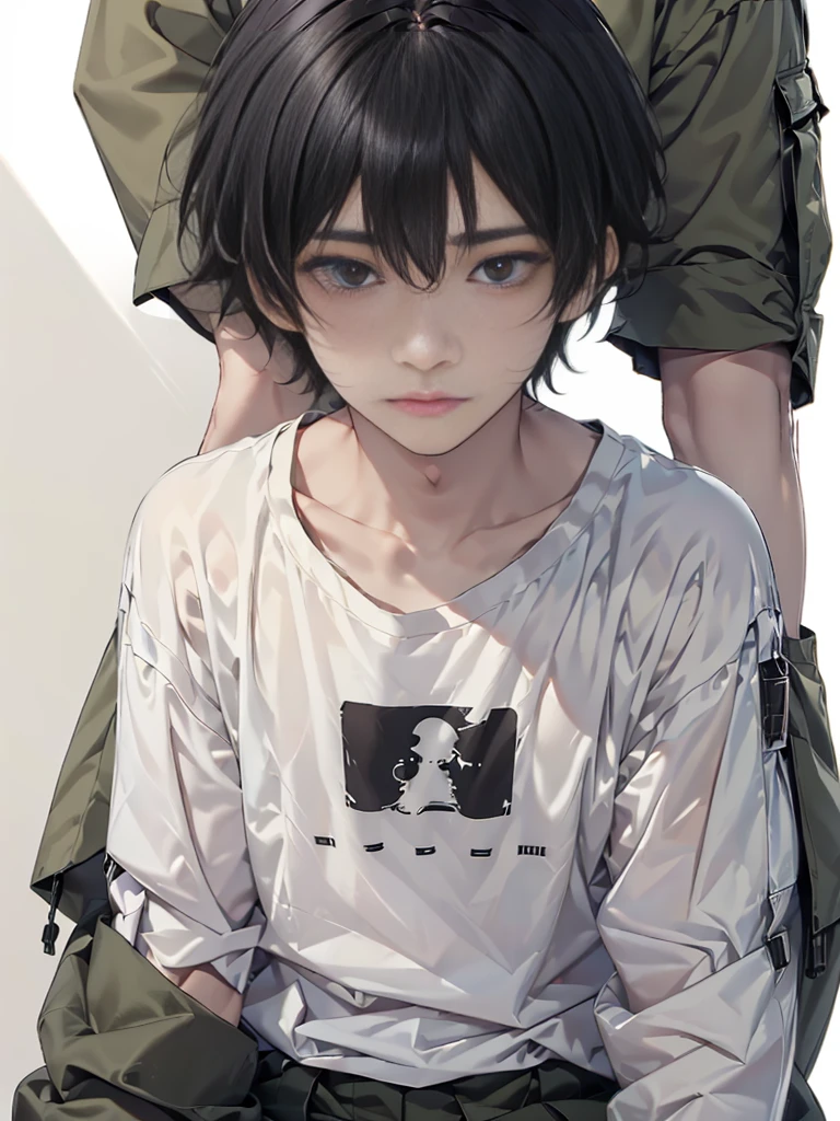 Masterpiece, best quality,独奏, one Japanese boy, 18 years old,(tall and thin,sleepy droopy eyes, long face, (thin cheeks:1.2),(black shaggy short hair,blank expression:1.5),(Black long T-shirt,Long sleeve,Olive cargo pants:1.5),(Plain background:1.3),(Close-up of serious expression:1.6)