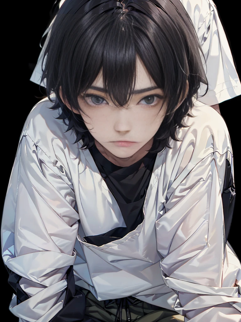 Masterpiece, best quality,独奏, one Japanese boy, 18 years old,(tall and thin,sleepy droopy eyes, long face, (thin cheeks:1.2),(black shaggy short hair,blank expression:1.5),(Black long T-shirt,Long sleeve,Olive cargo pants:1.5),(Plain background:1.3),(Close-up of serious expression:1.6)