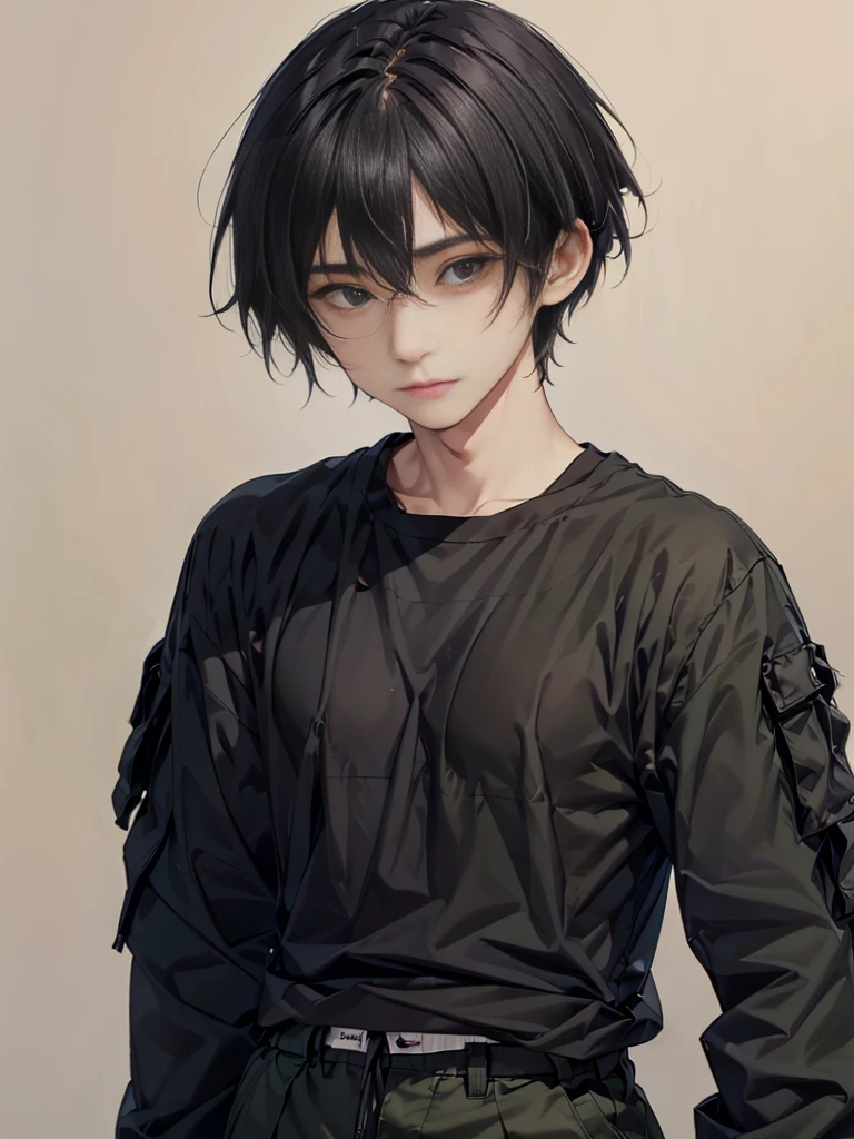 Masterpiece, best quality,独奏, one Japanese boy, 18 years old,(tall and thin,sleepy droopy eyes, long face, (thin cheeks:1.2),(black shaggy short hair,blank expression:1.5),(Black long T-shirt,Long sleeve,Olive cargo pants:1.5),(Plain background:1.3),(Close-up of serious expression:1.6)