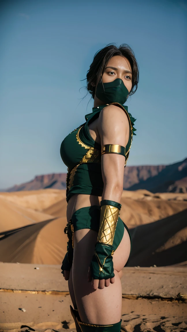 (Highest quality, Ultra HD, 16k, Masterpiece:1.2) A female warrior, Jade from Mortal kombat, embodying a fierce and formidable presence, stands in a desert landscape under a starry sky. The scene is set against a barren, desolate background, with cinematic lighting enhancing the dramatic and intense atmosphere. The warrior, armed and dangerous, dons a striking battle-ready costume with a green and gold color scheme, exuding a sense of raw, untamed power. Her outfit includes a tightly laced bodice that accentuates her muscular physique, with intricate golden trim highlighting the contours. The bodice is designed for both mobility and protection, exposing her powerful abdominal muscles while offering robust support. She wears long, green gloves with gold accents, extending up to her elbows, adding an extra layer of defense and style. Her lower attire consists of high-cut, form-fitting briefs that allow for maximum agility, also adorned with golden edges to match the bodice. Straps crisscross her chest, adding both functionality and an additional layer of intricate design to her ensemble. A pair of sturdy, high boots, similarly green with gold trim, completes her outfit, offering both protection and a firm grip on the rugged terrain. Her face is partially concealed by a sleek, green mask that covers her nose and mouth, adding an air of mystery while protecting her from the harsh desert elements. Her black hair is tied back in a no-nonsense style, keeping it out of her face and emphasizing her determined, focused gaze. As she stands in the arid wasteland, the background is illuminated by the fading light of dusk, with rocky outcrops and distant mountains silhouetted against the sky. The sky above is a mix of deep blues and purples, dotted with stars, casting a serene yet foreboding light over the scene. The overall composition emphasizes the stark contrast between the warrior's dark, armored attire and the bright, expansive desert environment. 