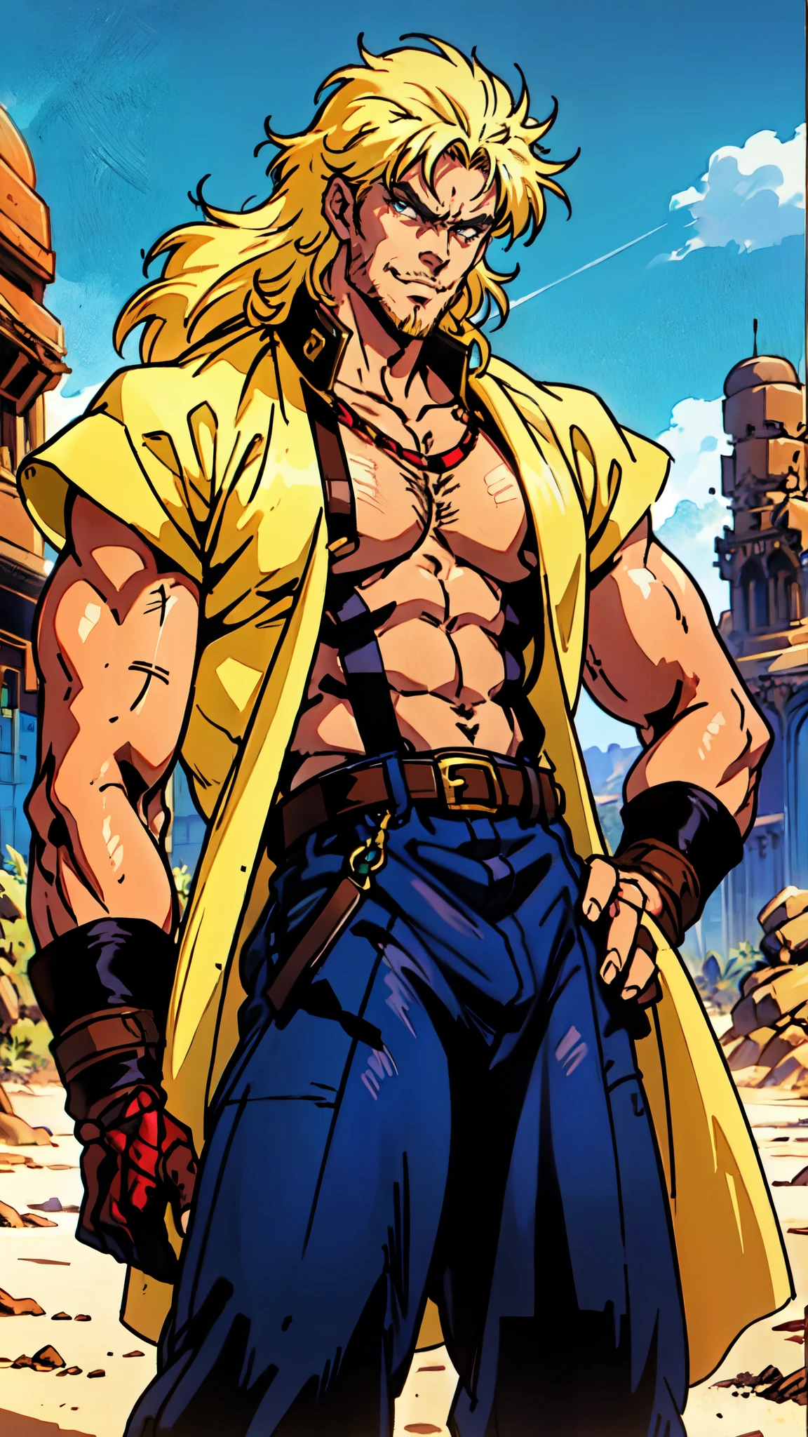 (masterpiece:1.2, best quality:1.2, extremely delicate:1.2), ((male:1.5)), a middle-aged man with slicked-back brown long hair, golden parted bangs, raised thick eyebrows, sharp eyes, rugged features, a full beard, a confident smile, tall and sturdy build, a fantasy martial arts style white open-chest silk coat with a long hem, a yellow shawl, long gloves, a leather belt, canvas trousers, standing in a sunny desert oasis, this character embodies a finely crafted fantasy martial arts style desert ruler in anime style, exquisite and mature manga art style, dramatic, high definition, highres, ultra-detailed, ultra-fine painting, professional, perfect body proportions, golden ratio, anatomically correct, symmetrical face, extremely detailed eyes and face, high quality eyes, creativity, RAW photo, UHD, 32k, Natural light, cinematic lighting, (masterpiece-anatomy-perfect:1.2)