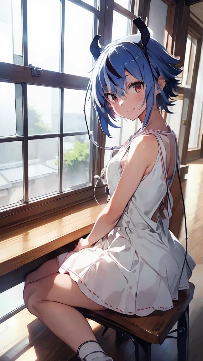 masterpiece, Highest quality, High resolution, Very detailed,(((Mikoto Naruka))), (((white ground)))、(((electric wire)))、(((smile)))、(((Sitting far away))), Wearing a white dress。, Electric pole, blue sky, Looking Down。