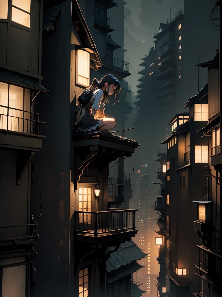 A girl dressed in black sits on the edge of a skyscraper, making: Studio Ghibli, A city scape, detailed illustration, Official Art, In the style of Kawashi, Graceful movement, nocturnal, configuration, HD wallpapers