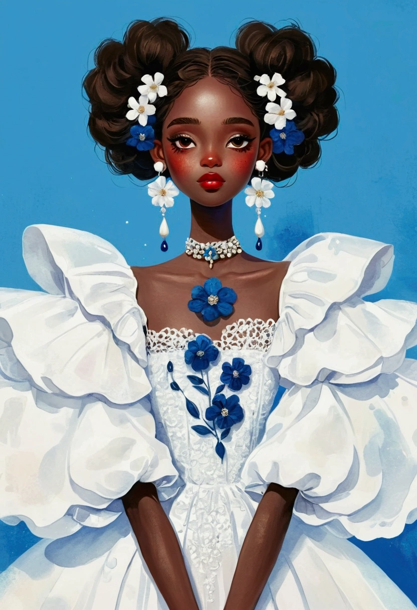 illustration：1 Girl，Dark Skin，White is an exaggerated dress，Exaggerated sleeves，Fluffy，