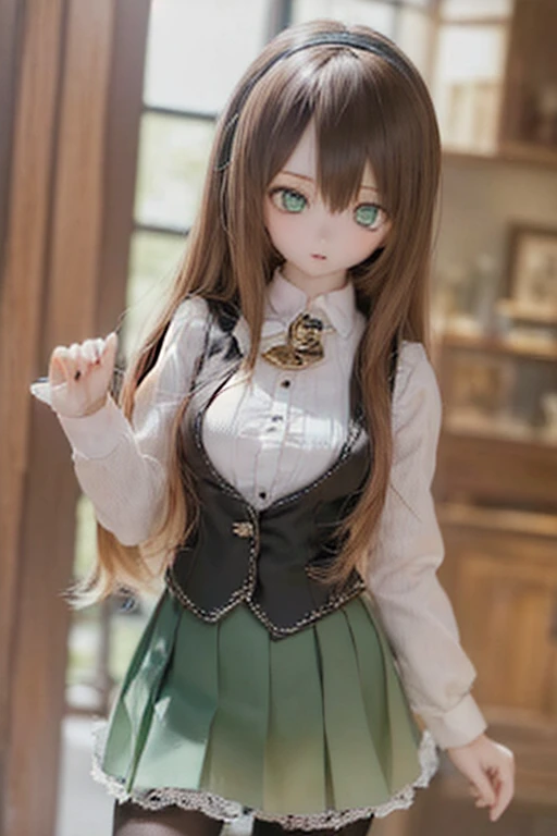 (SFW:2), photorealistic, realistic photo, 8k, ((highest quality)), ((masterpiece)), (extremely detailed), kukolnydom, doll, (mature woman, 21yo, 21 years old, looking at viewer, solo:1.6), ((cowboy shot, standing, slim, slender, skinny, medium breasts, hairband, ascot, vest, blouse, long puff sleeves, pleated skirt, black pantyhose)), (green eyes, brown hair, long hair, plastic skin, glass eyes, gradient eyes, shining eyes, detailed eyes:1.3)