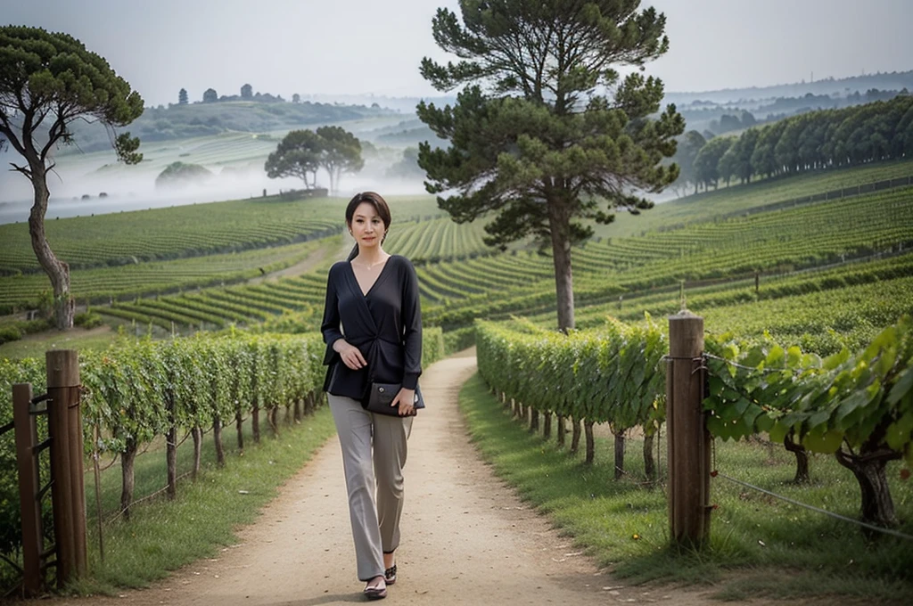 travel to italy, italian countryside dawn, foggy vineyard, Endless vineyards, 안개낀 standing on a path on a high hill. A cathedral can be seen far away in the fog.. The morning sun comes brightly. textured skin, anatomically correct, ((korean mature, 55 years old)), alone, Inspired by Yoo Ji-in. ((wrinkles appear on the face)), Elegant and modest appearance, short medium bob hair, Close your eyes and smile, (((upright, facing the center of the screen.))), Close your mouth and look straight ahead with a serious face.., Luxury brand, high-end travel clothes, casual pants, 1 woman, 1 woman, A cathedral can be seen far away in the fog.. Cowboy shot with Canon camera 16-35 wide angle lens, standing on a path on a high hill. 1 woman, 1 woman, vineyard in thick fog
