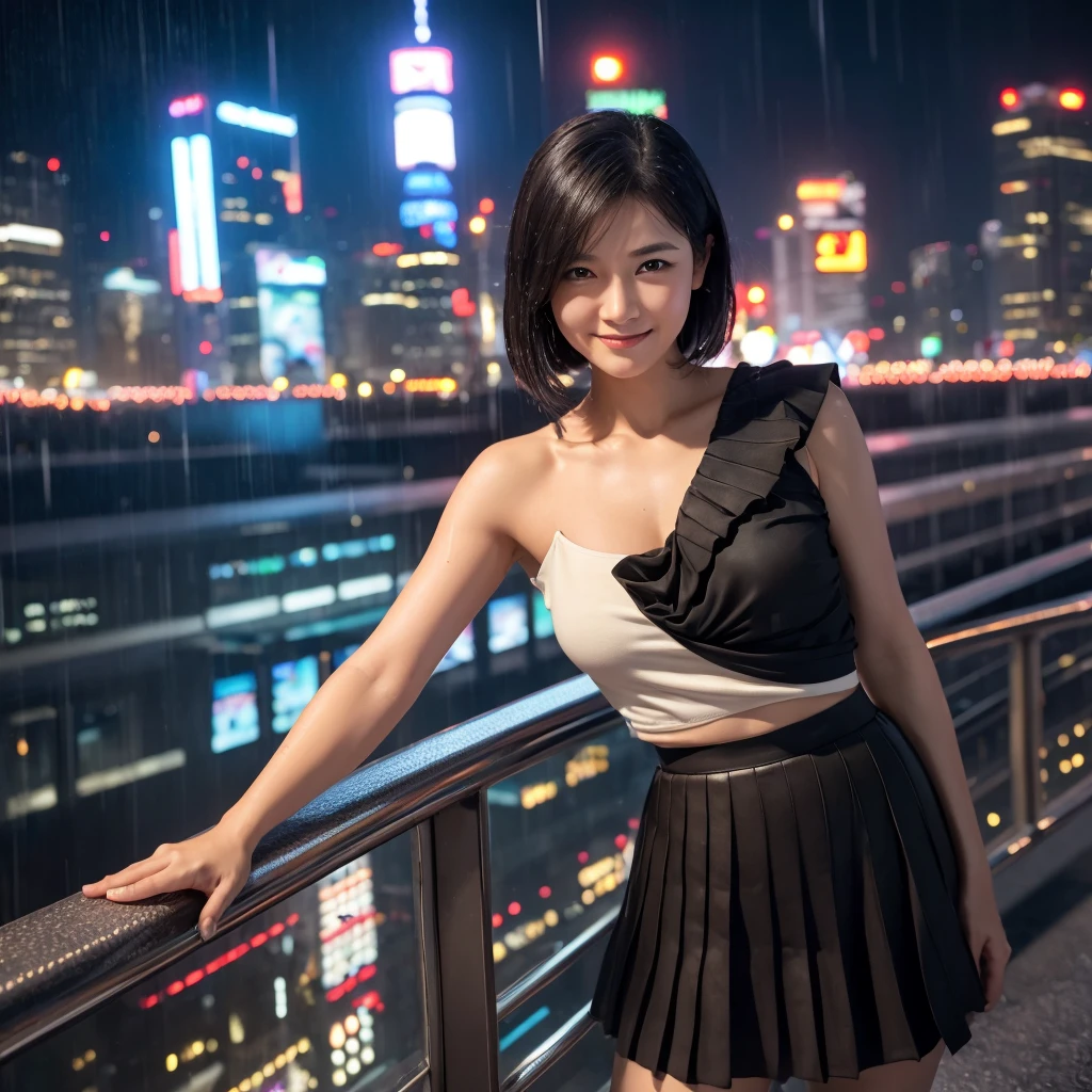 (RAW Photos, 最high quality), (Realistic, photoRealistic: 1.2), (Round face: 1), 1 mature woman, Outdoor selfie, (Skin with attention to detail: 1.2), (Puffy eyes), (Lying Silkworm), smile, clavicle, water, Straight brown black hair, Pure black pleated skirt, Soft lighting, high quality, Cityscape, Skyline, night, rain, Wet, Professional Lighting, Photon Mapping, Radio City, Physically Based Rendering,