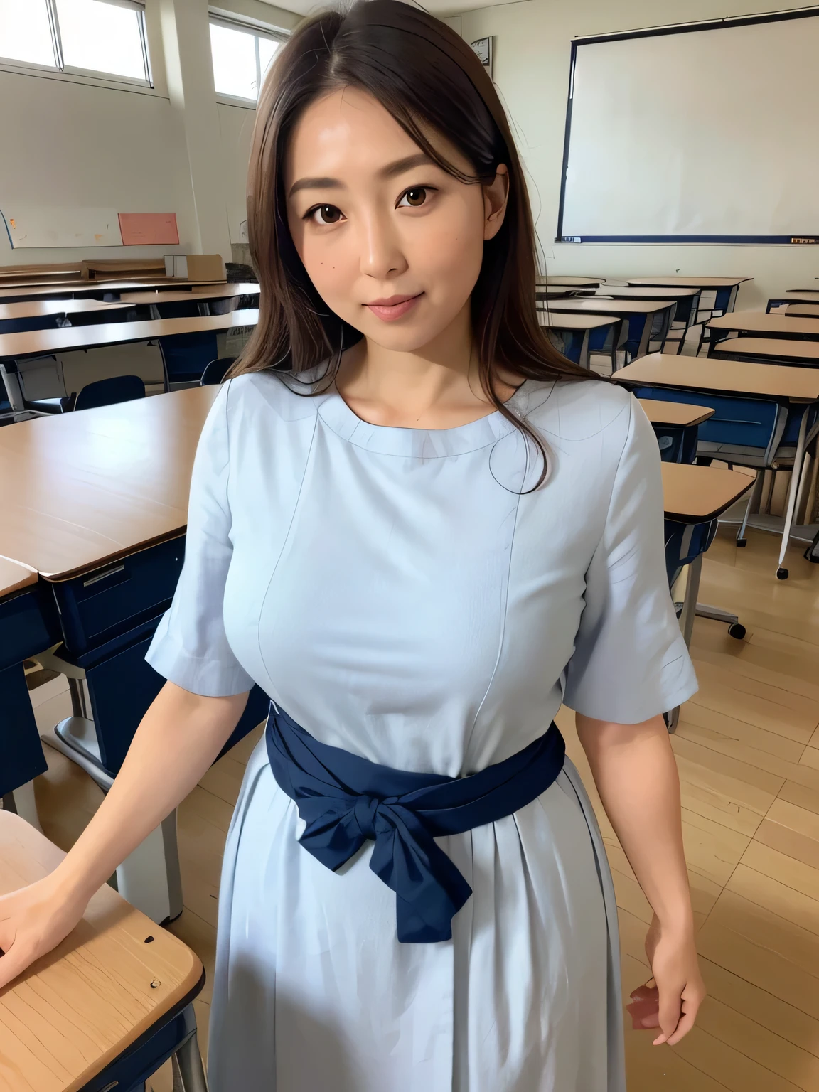 High resolution, High-level image quality, High definition, masterpiece, 8k, Anatomically correct, Professional Lighting, sharp,
((Japanese Mature, 30 years old, female teacher)), One person,, Shapely big breasts, Straight, fluffy, light brown hair that reaches the shoulders, Chubby body type, Mouth closed and serious face,
(((Next to a desk in a school classroom,Standing upright and looking at the viewer))),
(A light, light navy blue linen short-sleeved French-sleeved long dress for summer use.),
Beautiful shins, ((Composition from knees to head seen from waist height))
